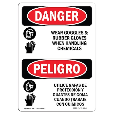 OSHA Danger, Wear Goggles And Rubber Gloves Bilingual, 5in X 3.5in Decal, 10PK
